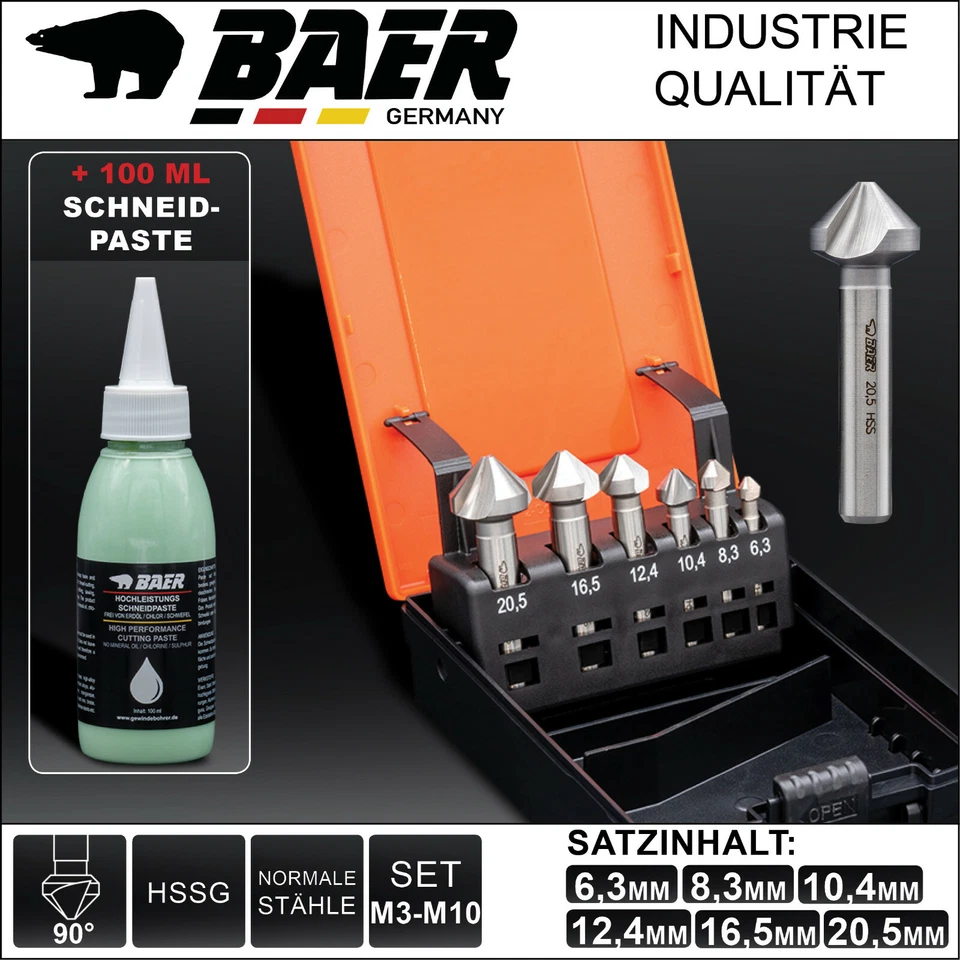 Kegelsenker Set BAER HSSG 90° Satz 6,3-20,5mm Senkbohrer HSS Paste Entgradsenker