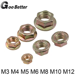 M3 M4 M5 M6 M8 M10 M12 Flanged Nuts Serrated Yellow Zinc Plated Steel Flange Nut - Picture 1 of 12