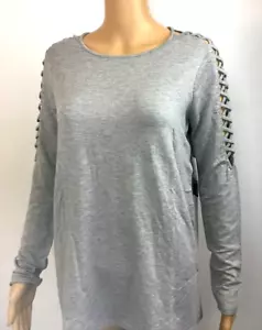 Kensie Cut Out Braided Sleeve T Shirt Women's Size M Gray Long Scoop Neck New - Picture 1 of 5