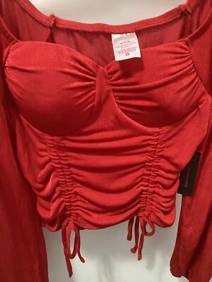 Blusa de manga comprida cropped bustiê ruched vermelha com nervuras média 7-9. Novo - Imagem 1 de 4