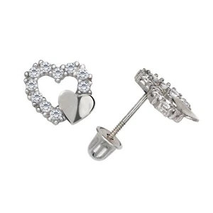 14K White Gold Double CZ Heart Screw Back Stud Earrings Birthday Love All Colors - Picture 1 of 13