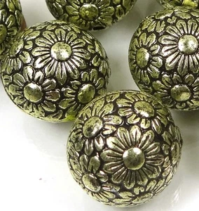 10 Large Antique Bronze Metal Plated Acrylic Flower Flat Round Beads - Picture 1 of 2