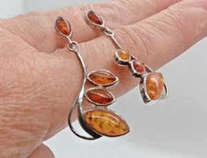 925 Silver & Amber Cabochons Drop Earrings with Stud Fasteners 40mm long - Picture 1 of 7