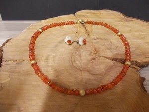 Schmuckset - Ohrstecker Perlmutt/Karneol + Kette mit vergoldete Elementen 40cm - Bild 1 von 4