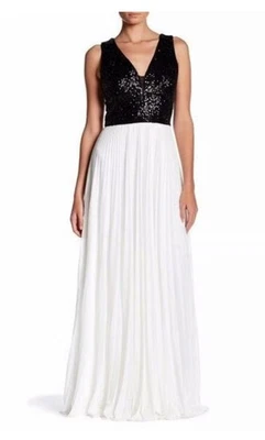 Vestido Nicole Miller Negro Marfil Blanco Lentejuelas Corpiño Plisado Malla Talla S/4 Foto 1 de 4