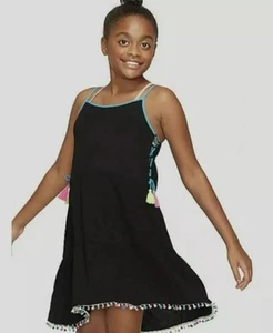 Justice Girls Swimsuit Cover Up 12 Black Adjustable Straps Side Tie Up Pompoms - Picture 1 of 7