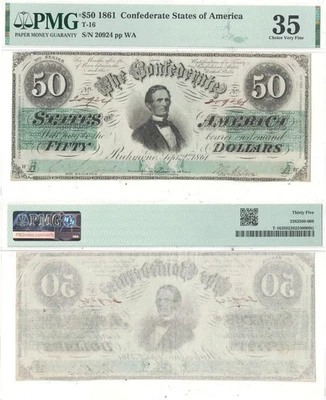 1861 $50 Confederate Note T-16 PMG VF-35 - Image 1 of 3