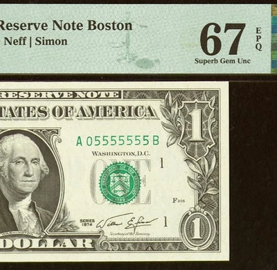 1974 $1 Federal Reserve Note PMG 67EP - Near Solid Serial Number 05555555 - Image 1 of 3