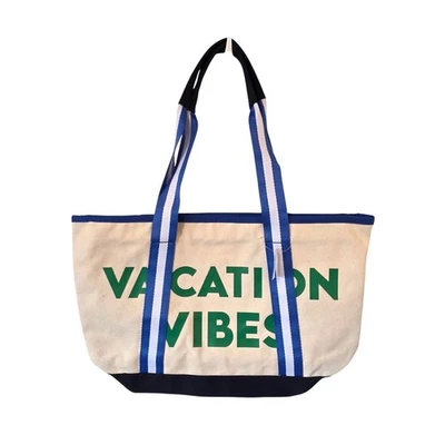 Old Navy Vacation Vibes Large Canvas Tote Bag NEW Green Blue  - Image 1 of 2