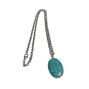 Faux Turquoise Oval Pendant Necklace With Silver-Tone Chain & Lobster Clasp - Picture 1 of 5