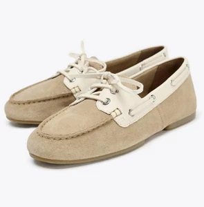 ZARA BNWT 2025. ECRU WHITE CONTRAST SUEDE LACE UP LOAFERS MOCCASINS. 2511/610 - Picture 1 of 4