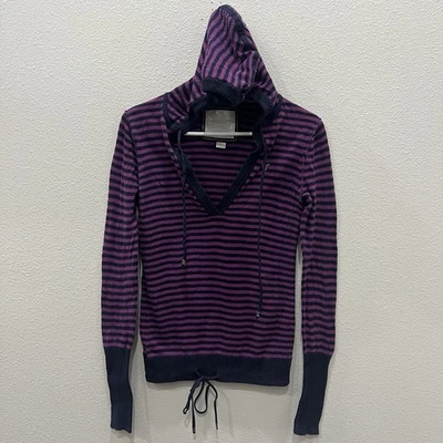 Suéter com capuz American Eagle feminino S roxo azul listrado gola V Y2K - Imagem 1 de 4