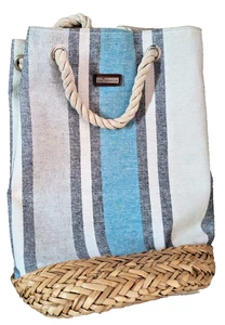 Caribbean Joe Blue Striped Canvas Rope Bucket Bag Women's Backpack Tote - Picture 1 of 18