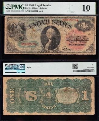 RARO EN MUY BUEN ESTADO calificado 1869 $1 "ARCO IRIS" ¡Nota de Licitación Legal de EE. UU.! PMG 10! K2986557 Foto 1 de 3
