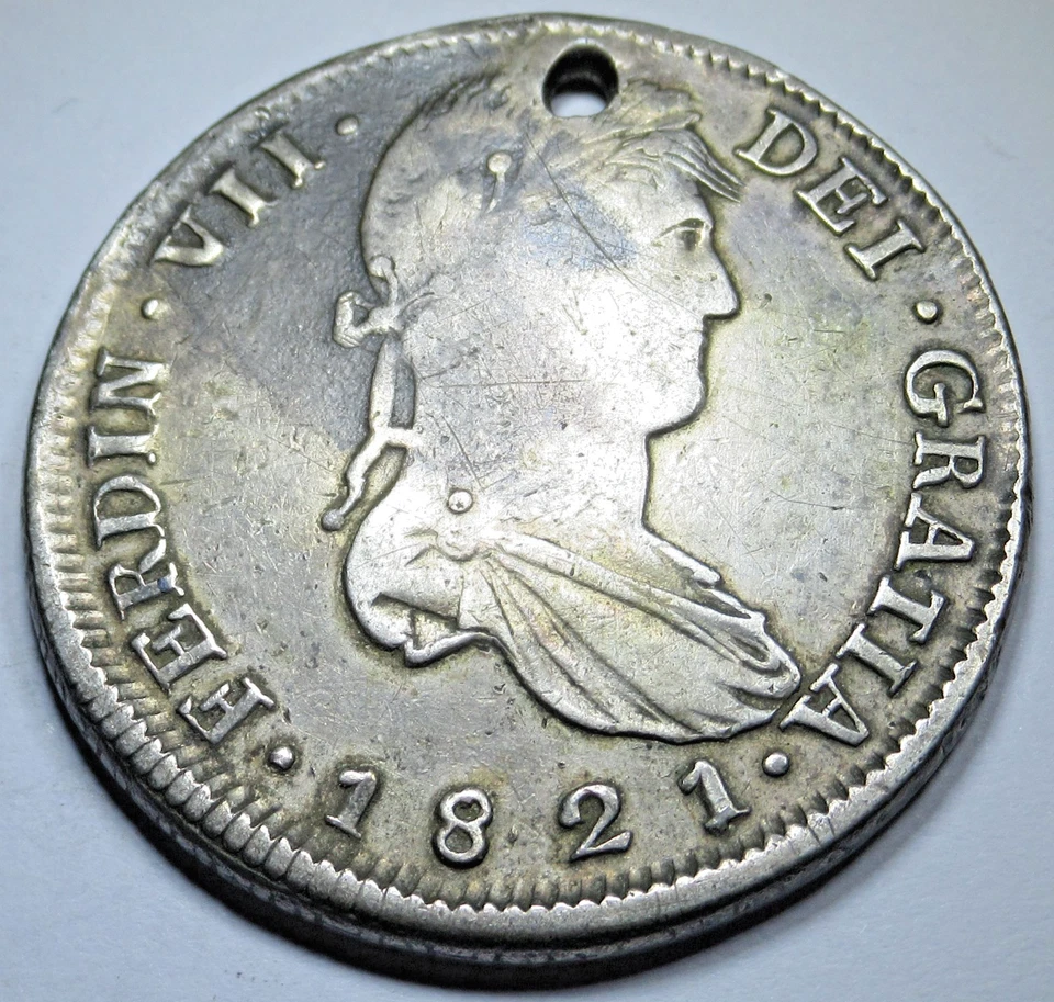 1821-RG Holed Zacatecas Mexico 8 Reales Spanish Colonial Dollar Pirate Coin - Image 1 of 2