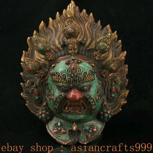 12"Tibet Buddhist Türkis Inlay Juwel Mahakala Zornige Gottheit Buddha Kopf Maske - Bild 1 von 9