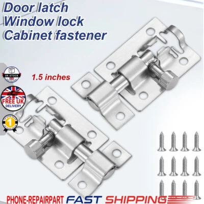 2PCS 1.5"  Silver SLIDE BOLT Bathroom Toilet Shed Door Lock Catch Latch + Screws - Image 1 of 4