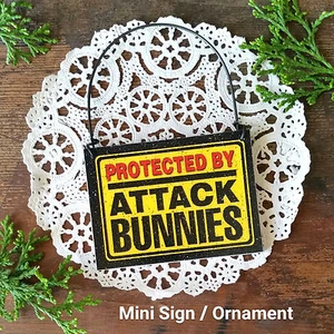 PROTECTED BY ATTACK BUNNIES Mini Wood Hanger Bunny Rabbit Ornament USA - Picture 1 of 4