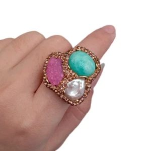 Cultured White Pearl Green Amazonite Pink Quartz Druzy Ring Adjustable - Picture 1 of 6