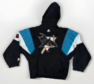 Винтажный 90-х НХЛ стартер Сан-Хосе акулы с капюшоном пальто хоккейная куртка мужская маленький - Изображение 1 из 4