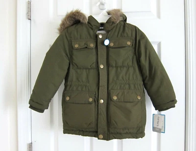 Carters Puffer Jacket Kid Boy S(4) Green Water Wind Resist Faux Fur Hoodie Coat - Image 1 of 4