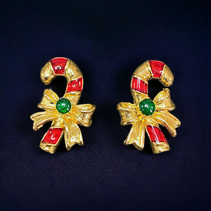 Vintage Avon Candy Cane Earrings Pierced Green Cabochon Enamel Gold Tone 7/8"