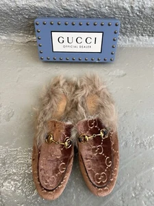 Authentische Gucci WMNS Horsebit Princetown braune GG Samt Fell Halbschuhe Gr. 36EU - Bild 1 von 14