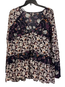 Top tunica Anthropologie Maeve stampa floreale manica lunga donna taglia large blu navy mu - Foto 1 di 4