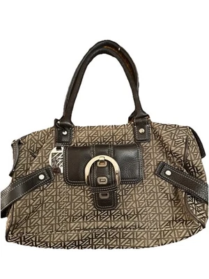 Bolso Cartera Anne Klein Marrón Estampado Firma Lona con Ribete de Cuero Foto 1 de 4