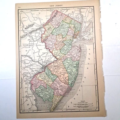 Antique 1895 New Jersey New Hampshire Color Map Rand-McNally Atlas Page - Image 1 of 4