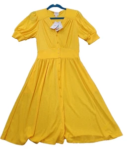 NWT Lularoe XS Skyler Front Button Midi Dress Pockets Puff Sleeves - Yellow - Picture 1 of 5