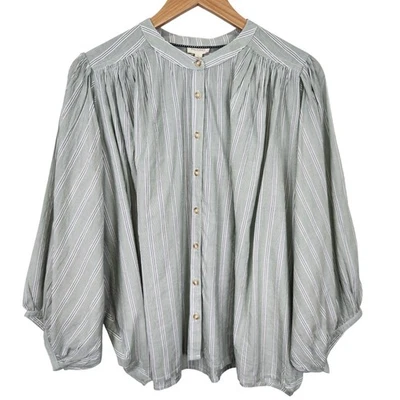 Blusa Anthropologie PILCRO Sidney Ala de Murciélago Top Verde Rayas Abotonada L Grande Foto 1 de 4