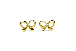 14k Yellow & White Gold CZ Cute Bow Tie Screw Back Stud Earring for Girls & Kids - Picture 1 of 8