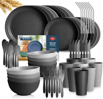 Juego de vajilla de paja de trigo de plástico de cocina de 32 piezas con cubiertos, servicio para... Foto 1 de 4