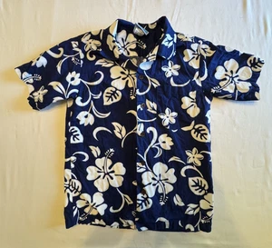 RJC Hawaiian Shirt Boys Youth Size 10 Cotton Blue White Floral - Picture 1 of 7