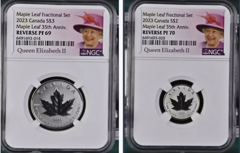 2023 QUEEN ELIZABETH 35TH ANNIV. SILVER MAPLE LEAF $3 REVERSE PF69 & $2 PF70  - Image 1 of 1