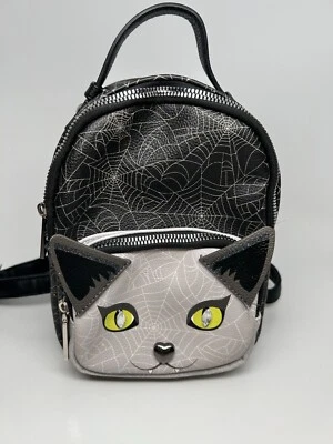 Betsey Johnson Kitsch Mini Backpack Vampire Cat Spider Web Black Gray Handbag - Image 1 of 4