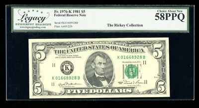 DBR 1981 $5 FRN Dallas Fr. 1976-K Legacy 58 PPQ Serial K01668928B - Image 1 of 2