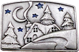 Signed JJ Winter House Brooch Snow Trees Stars Moon Blue Enamel Jonette Jewelry - Imagen 1 de 6