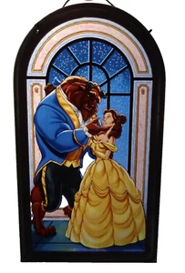 La Bella e la Bestia Pannello in Vetro Colorato 12" x 6,5" Finestra Disney Made in USA - Foto 1 di 22