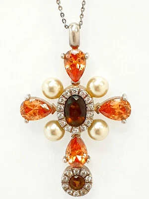 Kreuz Anhänger Sterling Silber 925 K mit bunte Glassteine & Perlen um 1970 - Bild 1 von 4