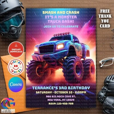 Editable Monster Truck Birthday Bash Invite, Boys Big Monster Truck Theme Party - Image 1 of 4