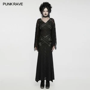 Punk Rave Women Dark Gothic Punk Multi-Buckle Sexy Lace Bat Sleeves Casual Dress - Picture 1 of 20
