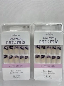 (2) Nailene Daily Wear Naturals Active Length Glue On 24 Nails Black Pink French - Picture 1 of 3
