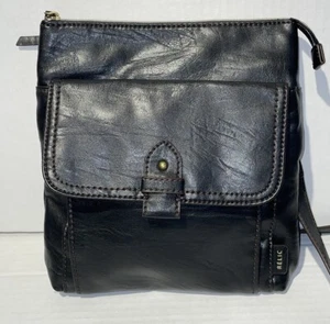 Relic Black Leather Crossbody Saddle Bag with Brass Chain Accents 10x9.5x2 - Picture 1 of 21