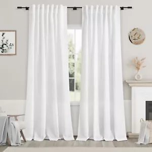 White Semi Sheer Linen Curtains 90 inch Length for Living Room Back Tab Rod P... - Picture 1 of 5