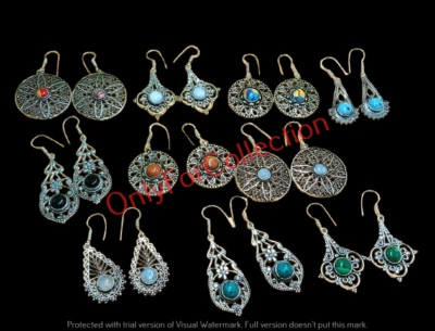 Lote al por mayor de pendientes de gancho enchapados en plata de ley 925 con piedras preciosas de malaquita y mezcla Foto 1 de 4