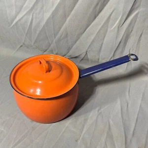 Vintage zweifarbige orange & blaue Emaille Pfanne Kochtopf - Bild 1 von 16