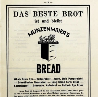 Anuncio de pan de panadería alemán-estadounidense 1945 Segunda Guerra Mundial Munzenmaier Baking Co NYC C94E Foto 1 de 2