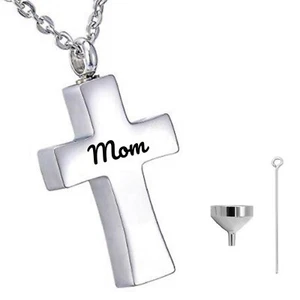 Mom lost Silver Cross Urn Necklace for Ash cremation Gift keepsakes+ Fill kit - Picture 1 of 5